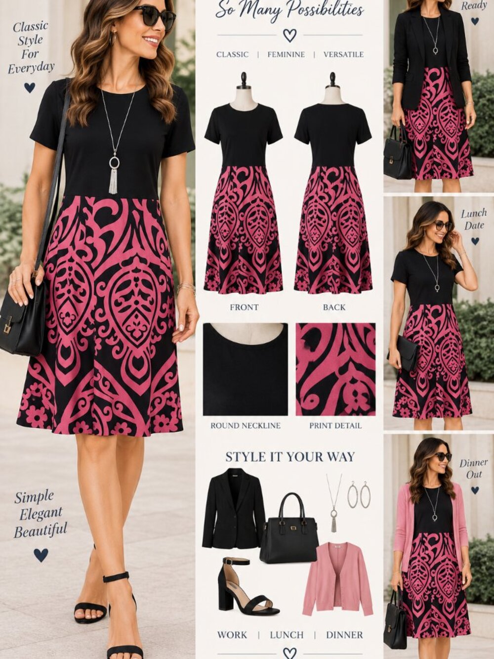 Nemidor Black & Pink Patterned Midi Dress | Size 16W | Like New
